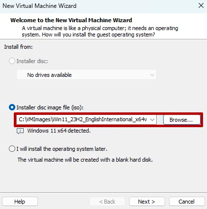 Choose ISO file in VMWare