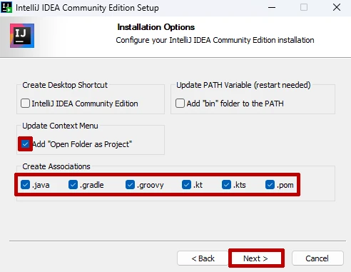 IntelliJ IDEA Community Edition installation options