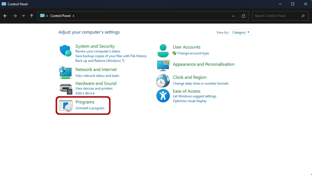 Programs in Control Panel