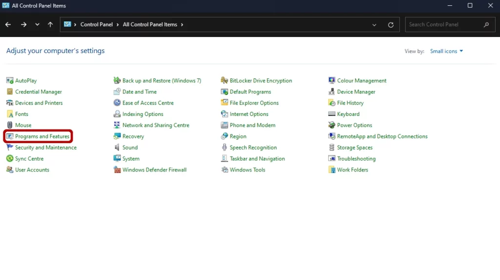 Programs and Features in Control Panel
