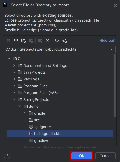 Selecting project file (build.gradle)