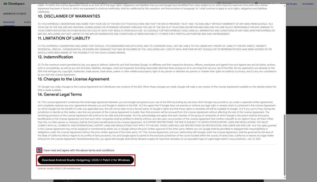 Android Studio terms and conditions