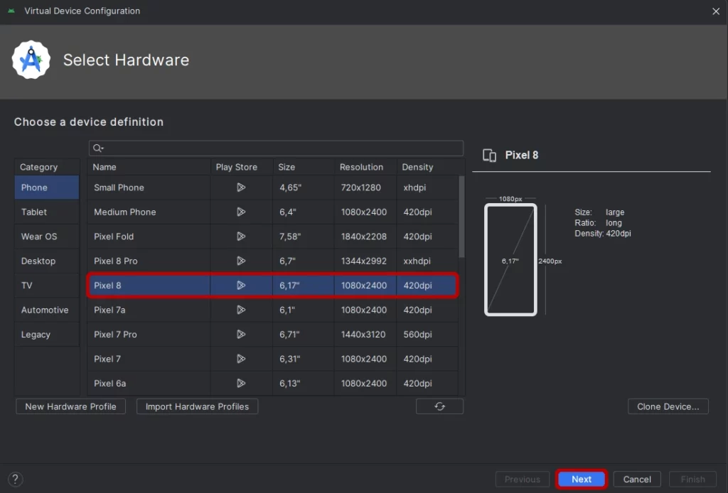 Choose a virtual device size in Android Studio device manager