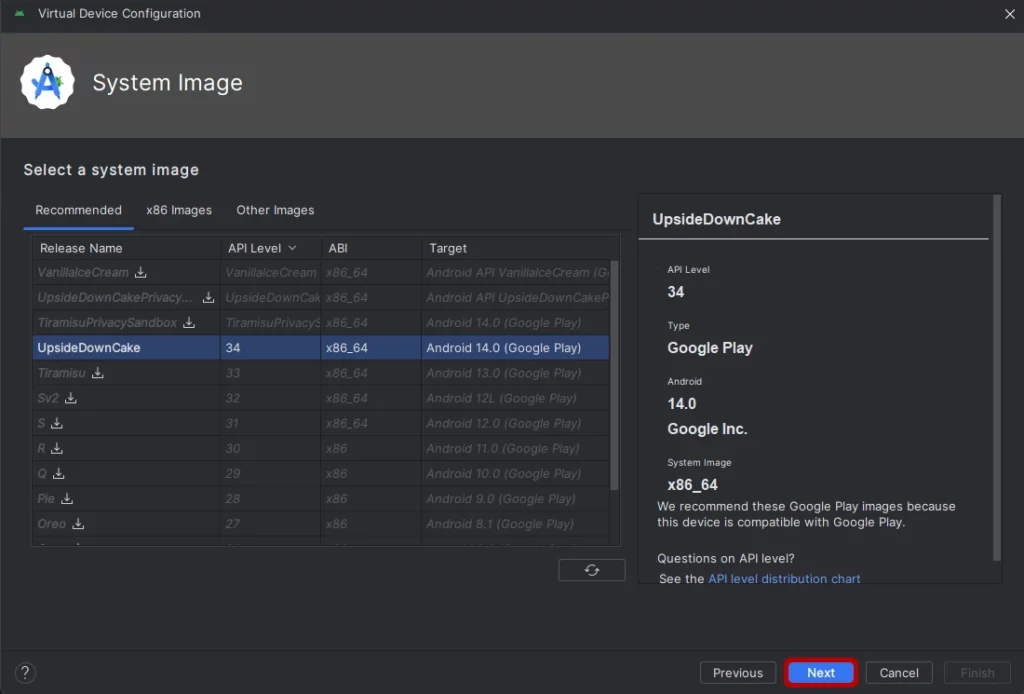 Choose the android version in Android Studio