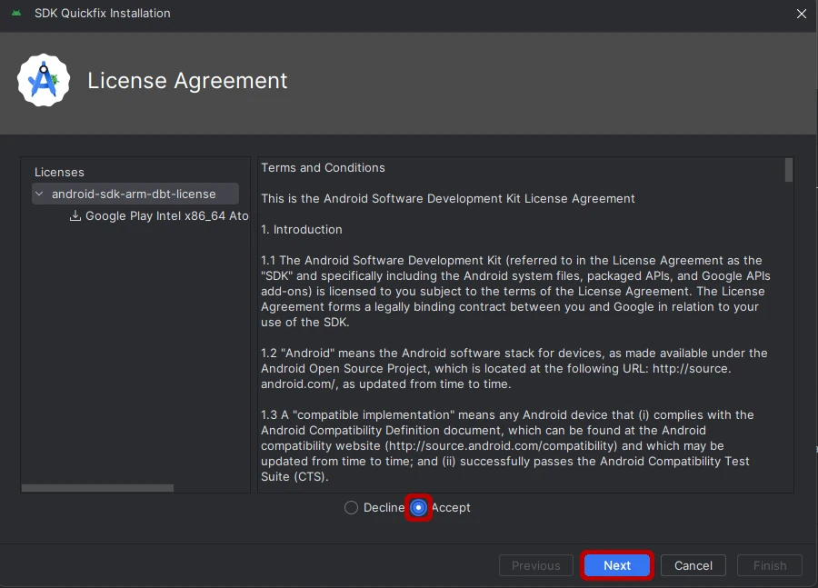 Accept license agreement in Android Studio