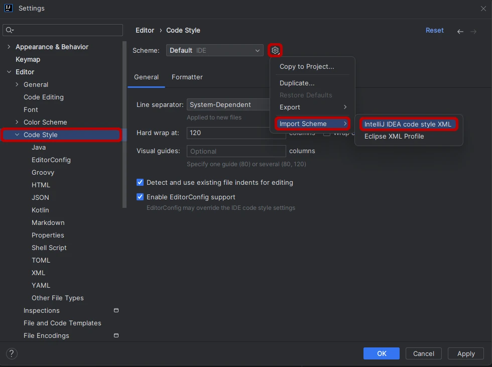 IntelliJ import code style xml