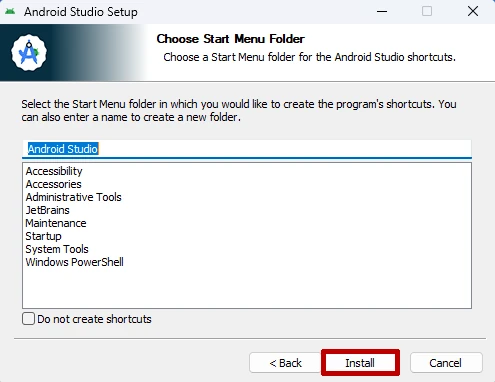 Android Studio start menu folder