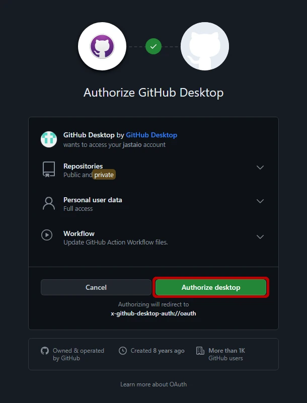 Authorize GitHub for GitHub Desktop