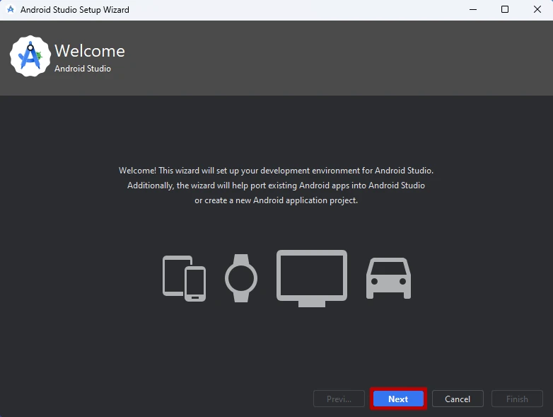 Android Studio Setup Wizard Welcome page