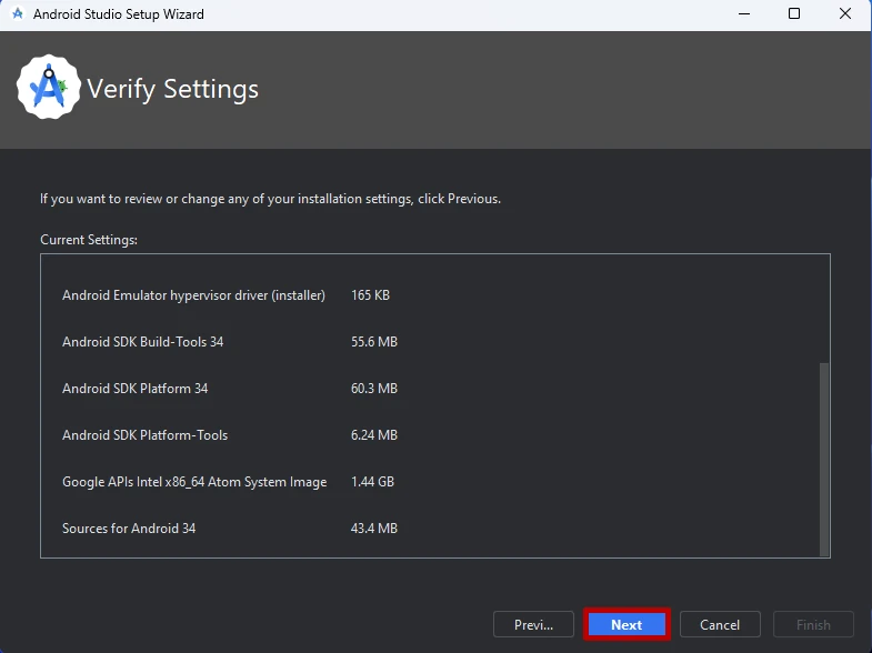 Android Studio verify settings