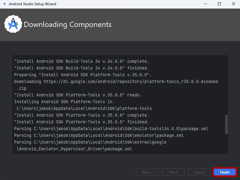 Android Studio downloading components