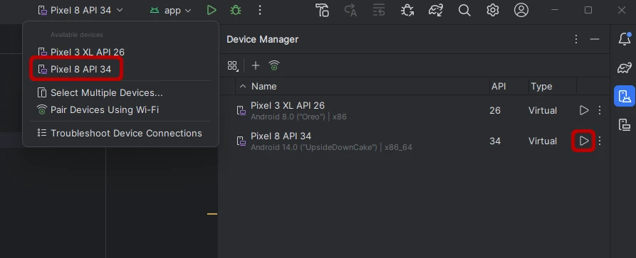 Start a virtual device in Android Studio