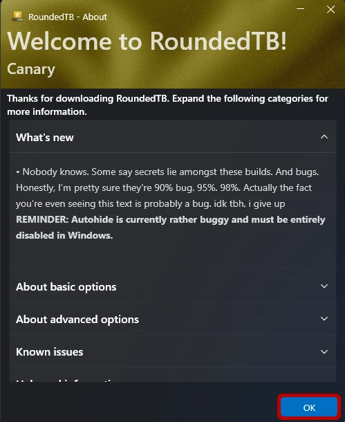 RoundedTB Welcome screen