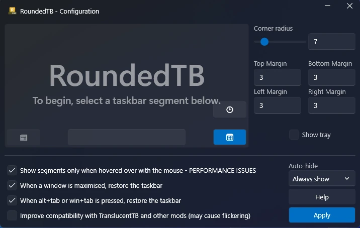 RoundedTB configuration notification area