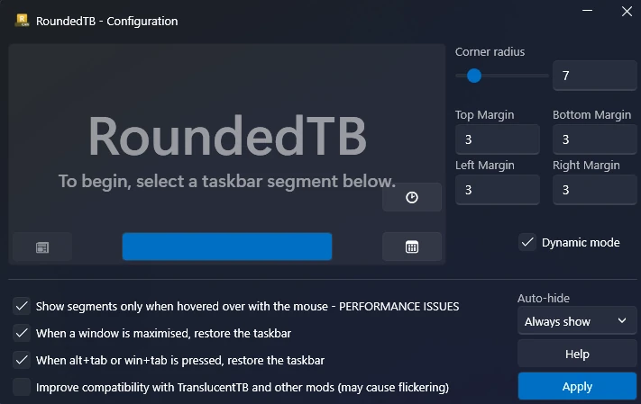 RoundedTB configuration taskbar